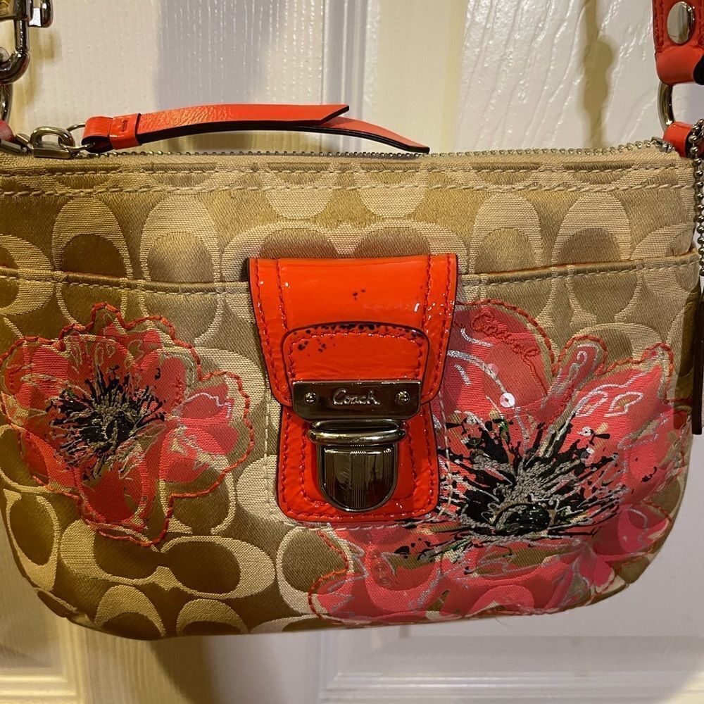 Coach poppy small canvas khaki logo crossbody bag sequins,black & Orange accents - Picture 4 of 15